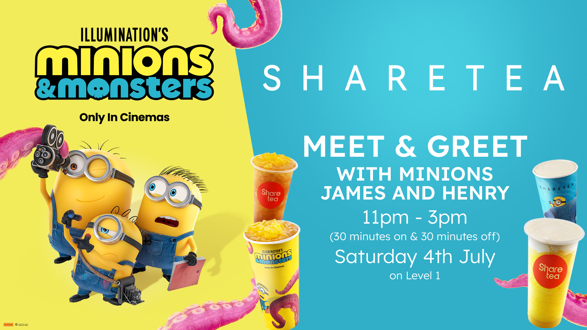 Promotional graphic for Sharetea’s Minions & Monsters Meet & Greet event featuring three Minions characters, limited-edition bubble tea drinks and event details for a special appearance on Level 1 from 11am–3pm.