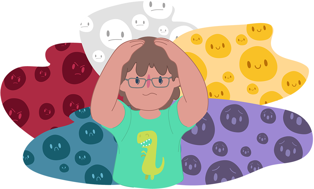 Illustration of a person wearing glasses and a green shirt with a dinosaur graphic, holding both hands on their head. Behind the person are overlapping coloured shapes filled with repeated simple face icons showing different mouth and eye shapes.