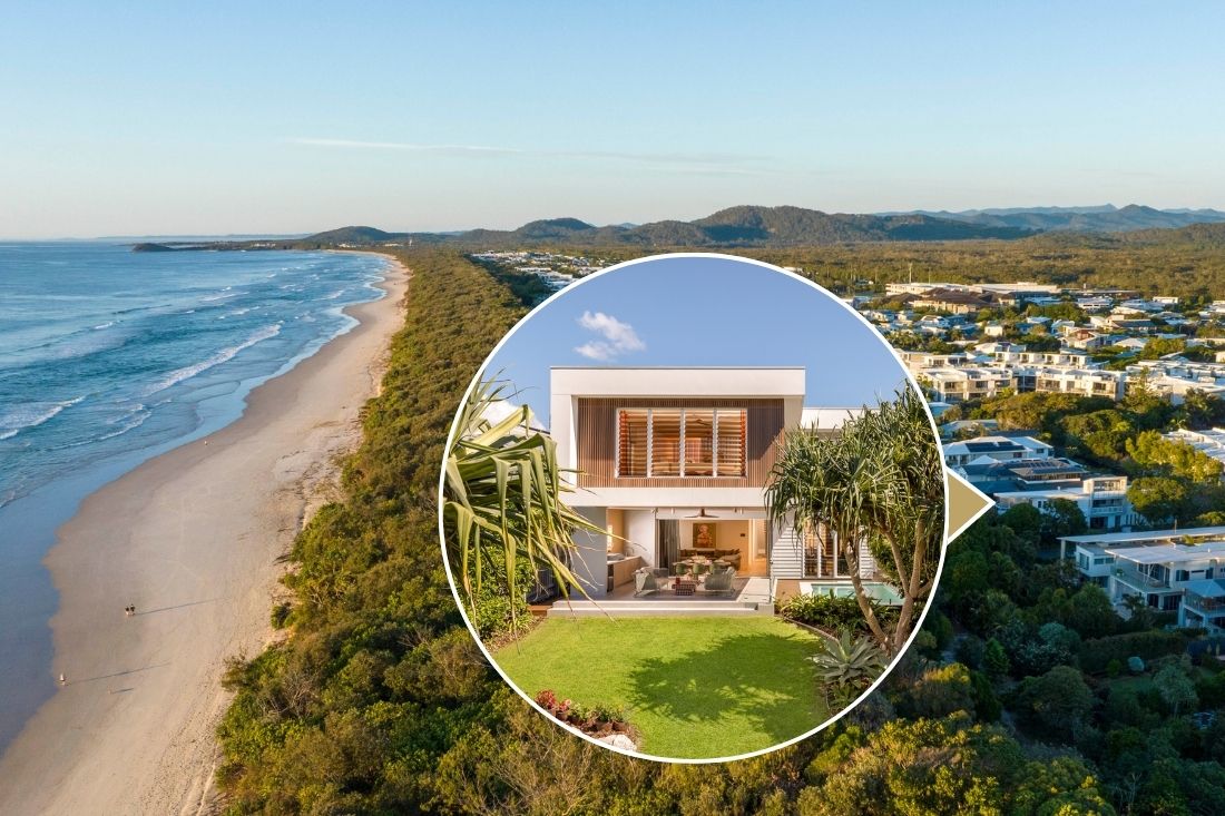 Aerial image of Casuarina Beach with inset showing the location of Luxury Prize Home Draw 552