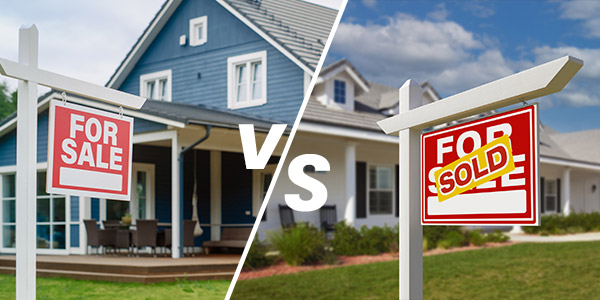 A split photo with a house on either side, one with a for sale sign and the other with a sold sign