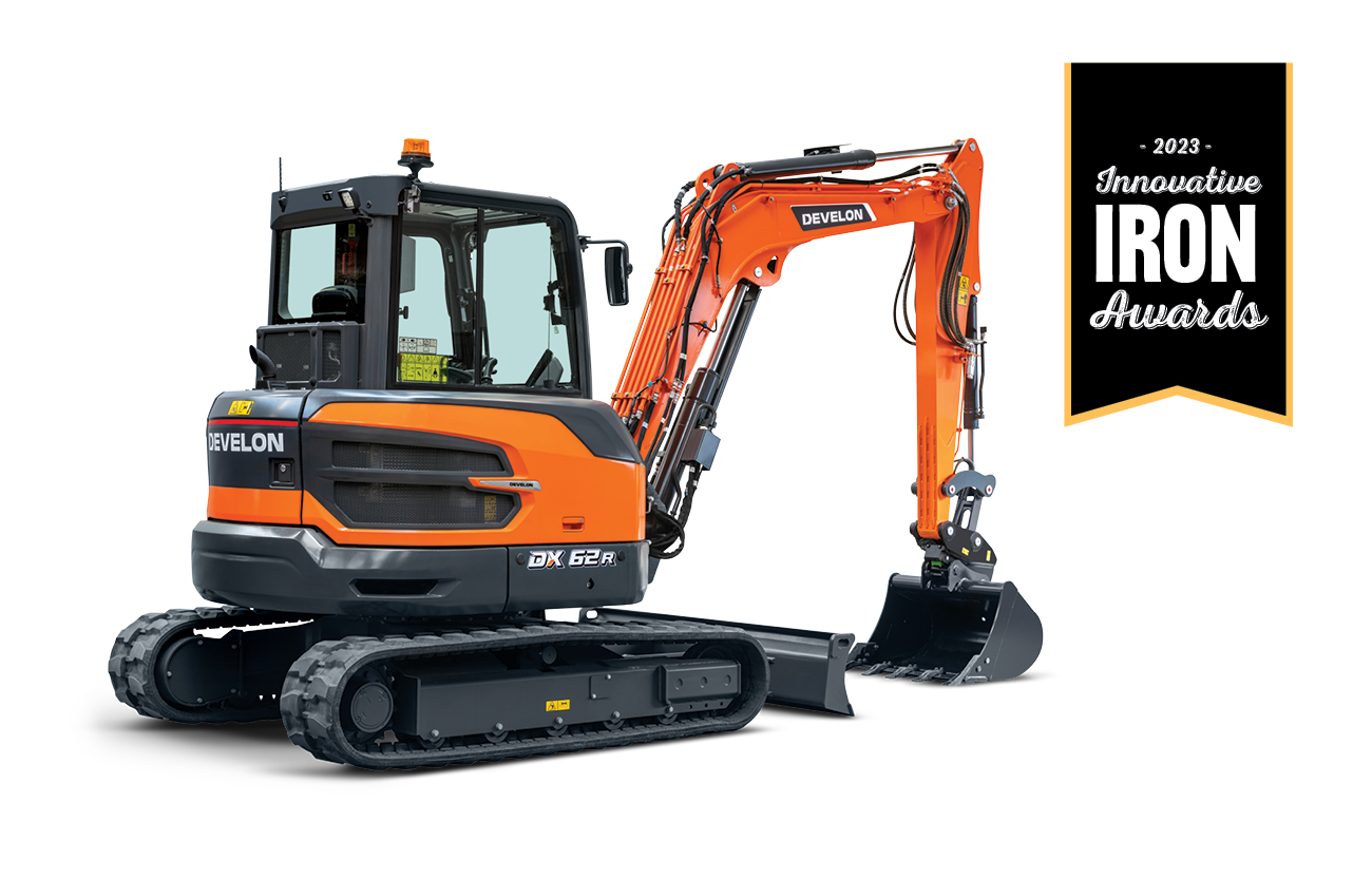 A DEVELON DX62R-7 reduced tail swing mini excavator. 