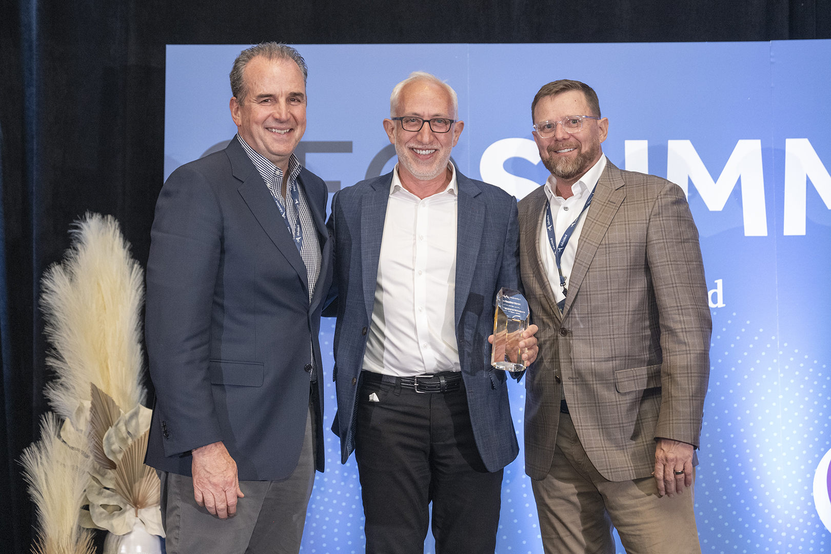 (Left to Right) Peter J. Arduini, President & CEO at GE HealthCare with Nadim Yared who worked for GE HealthCare as General Manager of X-ray from 1992 – 2002 and honored as a retiring board member of AdvaMed, and Scott Whitaker, the President of AdvaMed. Featured on stage at the AdvaMed CEO Summit in March 2024