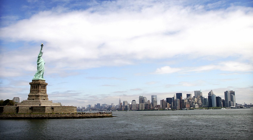 The New York City skyline with the Statue of Liberty in the front