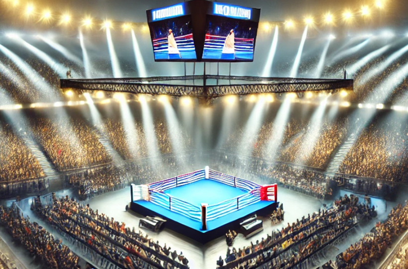 A large, well-lit boxing arena filled with spectators. The central focus is on the boxing ring, illuminated by numerous spotlights. Above the ring, two large screens display the action. The arena is packed with people, creating an energetic and lively atmosphere, capturing the excitement and grandeur of a major boxing event.