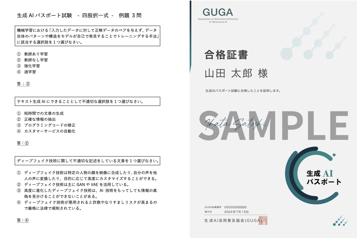 A sample question from the AI ​​Passport Test (left) and a sample certificate (right). Both current as of August 2024.