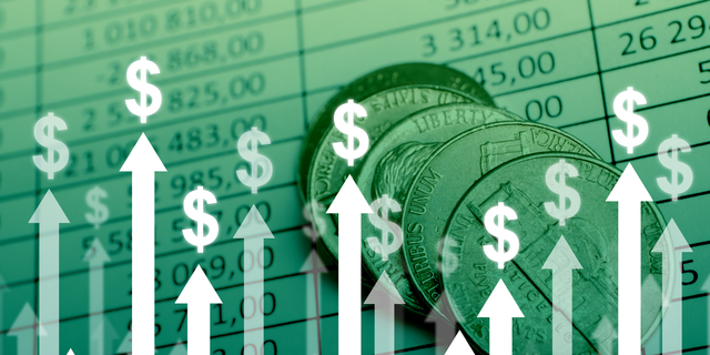 Dollar currency growth concept with upward arrows on charts and coins background