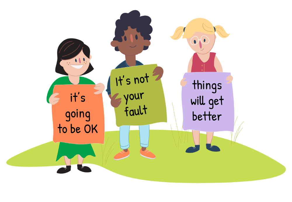 Animation of three children holding signs with supportive messages.
