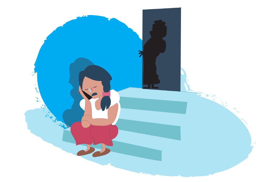 Animation of a child sitting on steps with another figure standing at a door at the top of the steps.