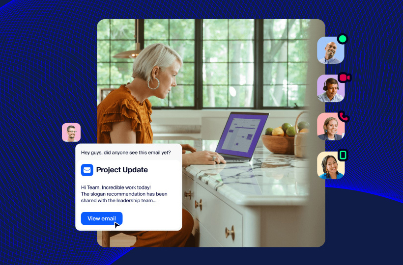 Image of a woman at a laptop with a superimposed collaboration solution over the top that shows a Project update prompt and headshots of members of the team