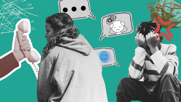 A girl with thoughts all popping out of her head and a boy with his head in his hands. Squiggles surround them.
