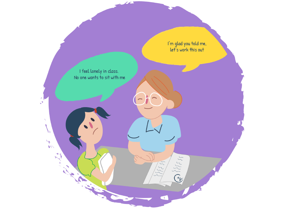 A child talking with a teacher at a desk with speech bubbles above them.