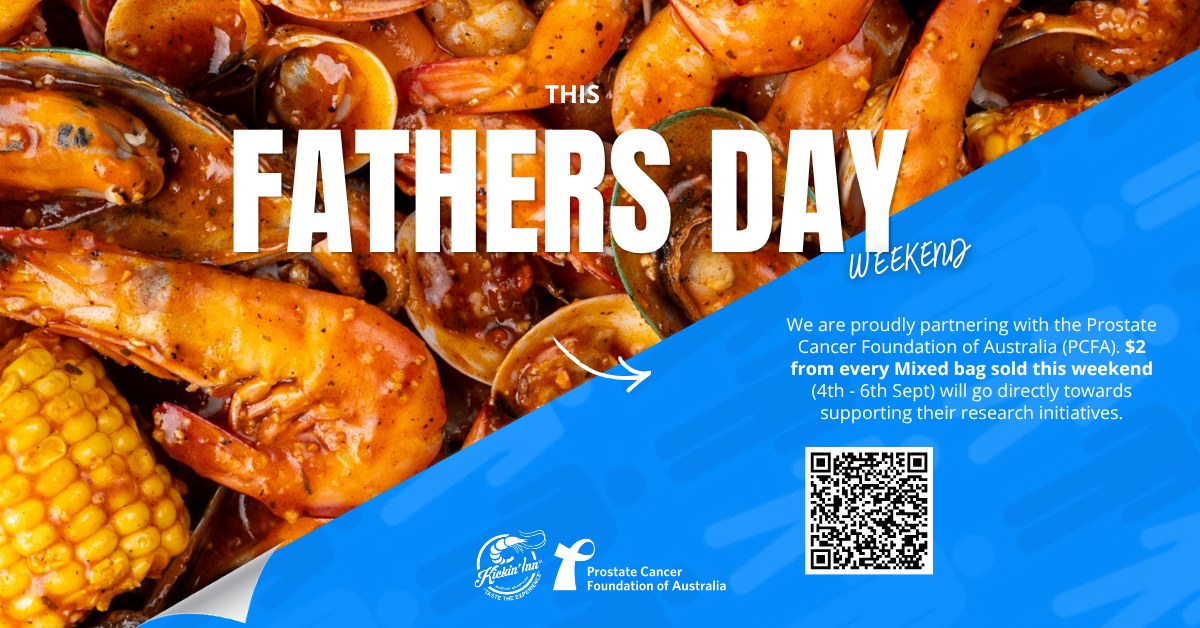 Kickin’Inn Father’s Day seafood campaign supporting the Prostate Cancer Foundation of Australia, featuring a seafood feast with blue campaign branding.