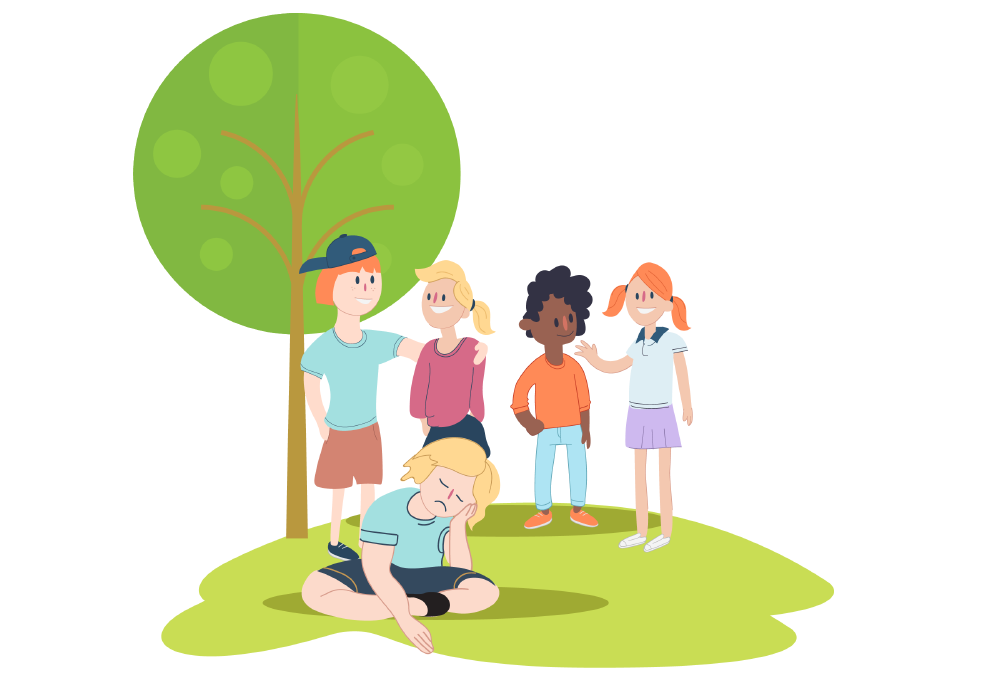 A group of children standing together while another child sits alone on the ground.