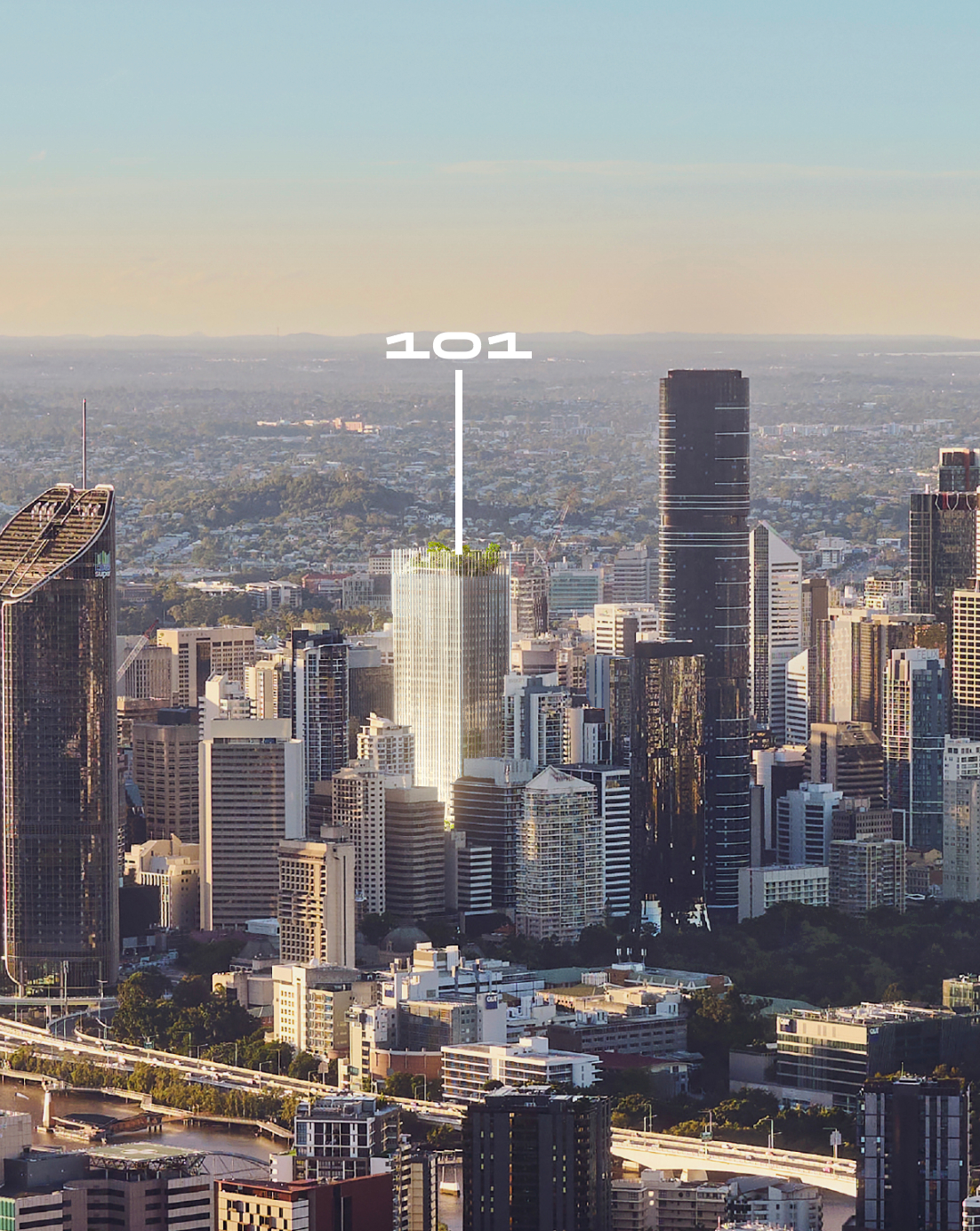 Artist impression of 101 Albert Street, an office tower with a green rooftop offering commercial real estate and office space leasing in Brisbane CBD
