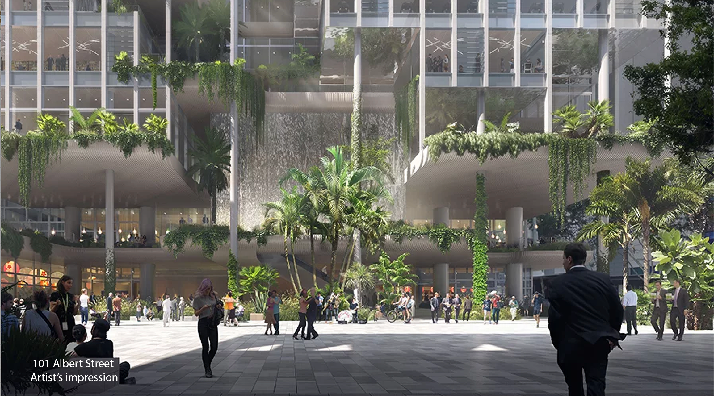 Artist impression of the forecourt of 101 Albert St showing cascading plants and water feature