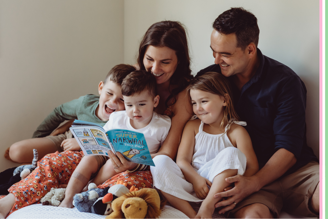 Bunting family reading to kids