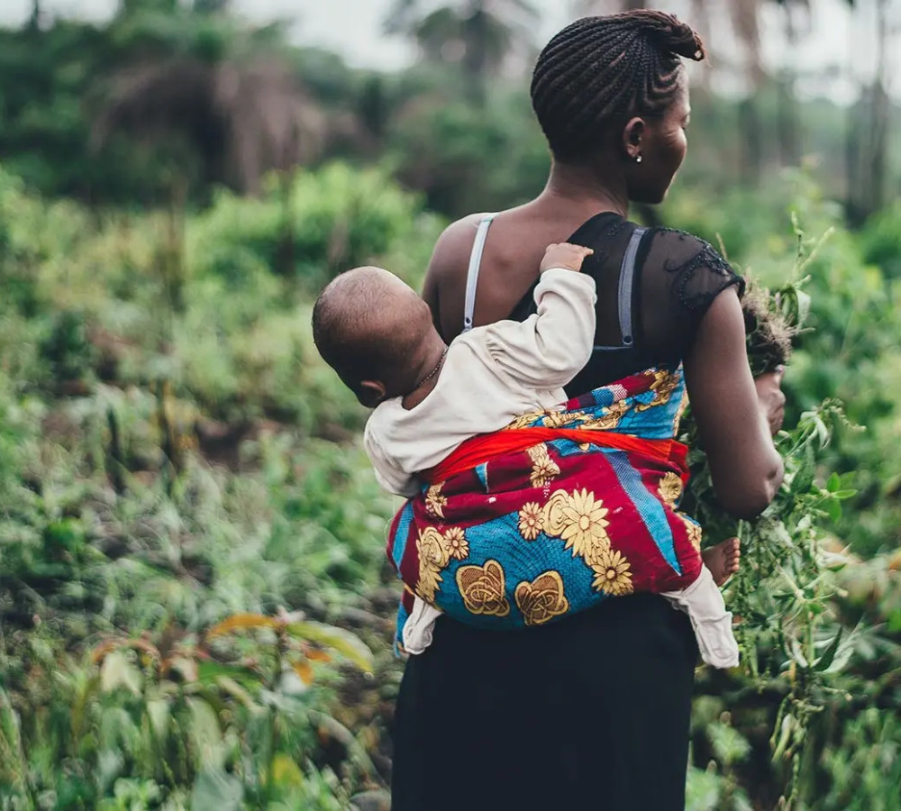 Black woman picking crops on farming land, she has a baby on her back in a sling
