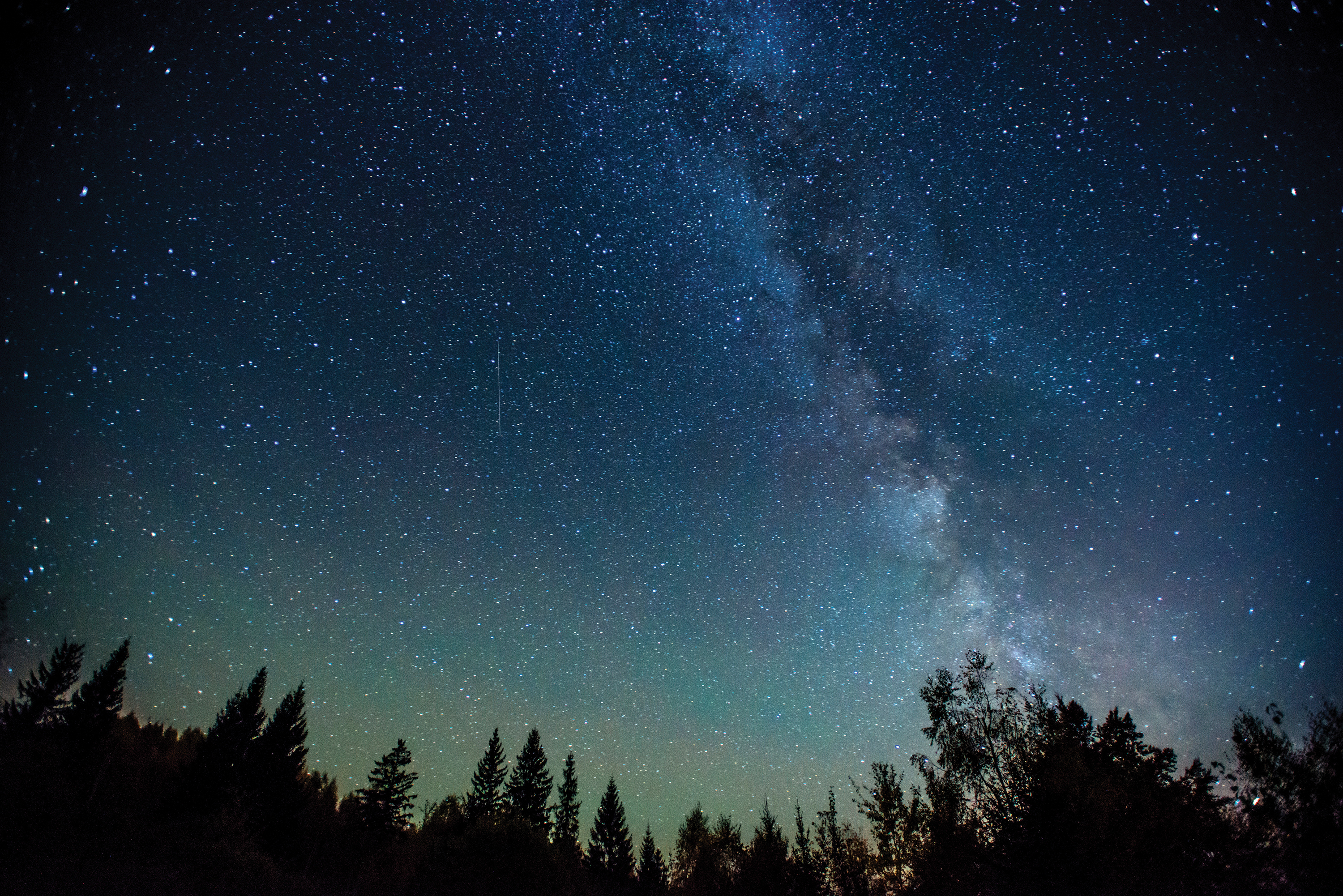 The Milky Way stretches across a star-filled night sky over Arizona forest silhouettes during the Grand Canyon Star Party.