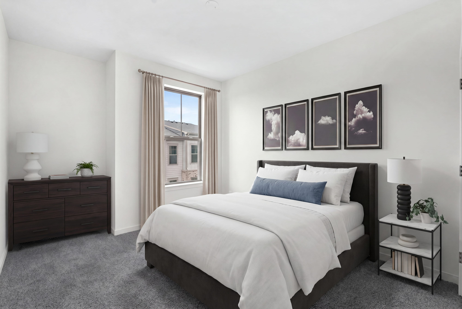 carpet with queen bedroom and drawers
