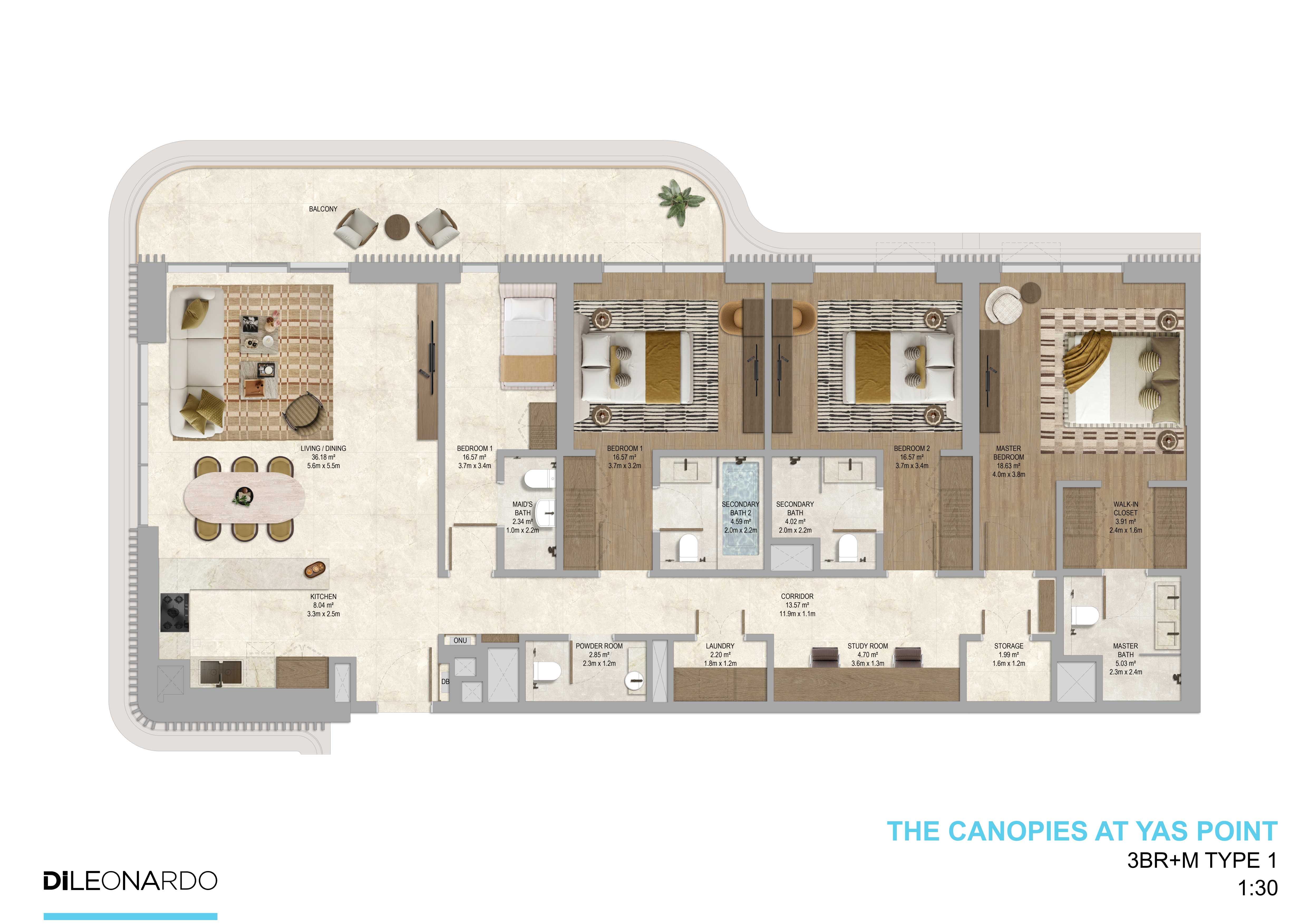 The Canopies at Yas Point 3 bedroom plus maid, Type 1 floor plan