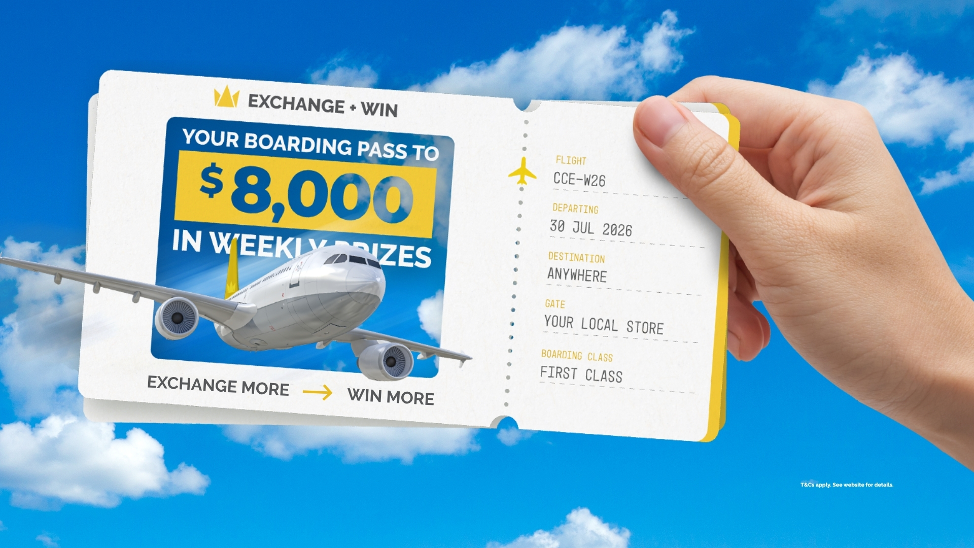 Plane image: A white commercial passenger airplane with a yellow tail fin soars through a bright blue sky. Boarding pass: Crown Currency Exchange Boarding Pass Rewards promotion
