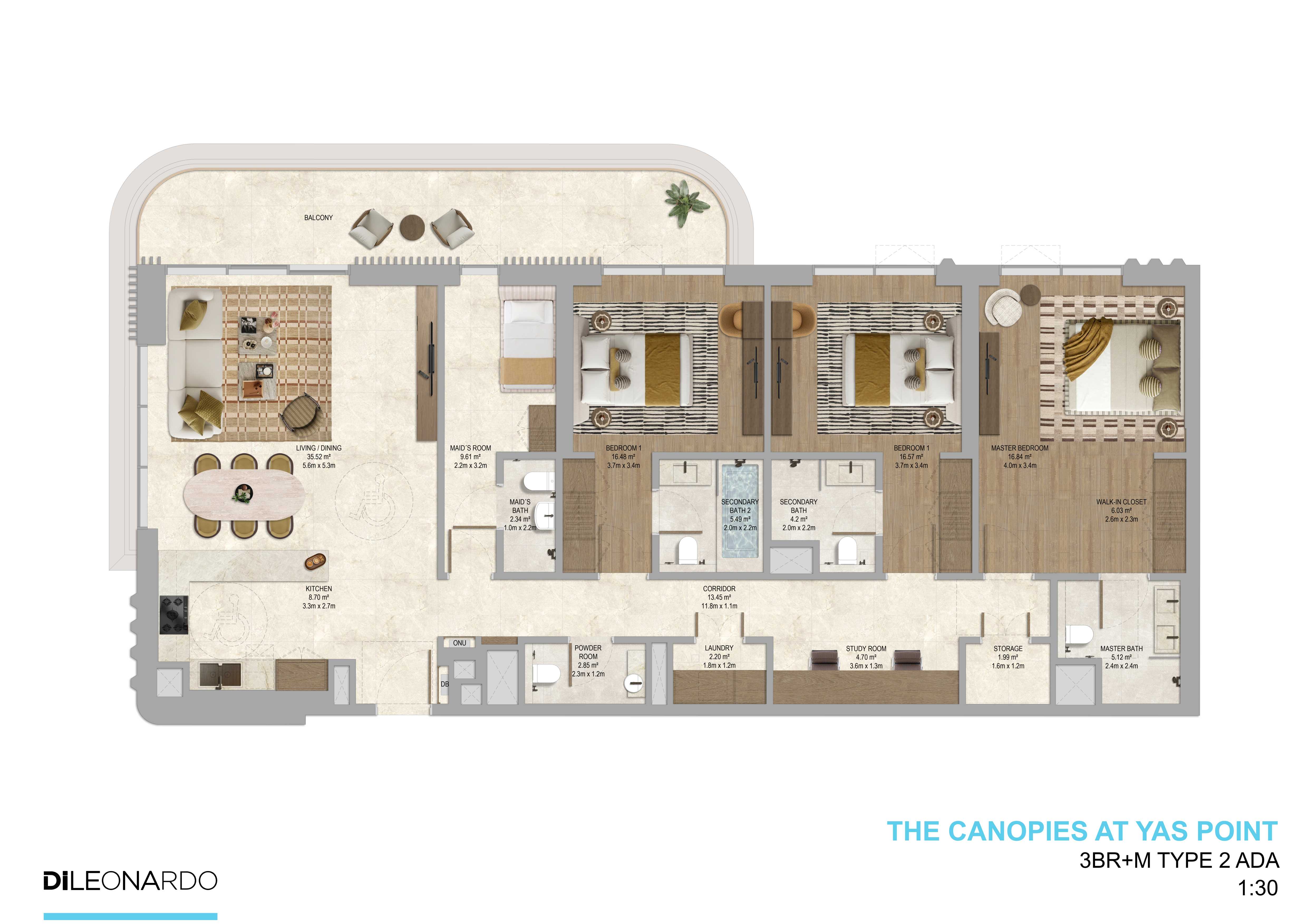 The Canopies at Yas Point 3 bedroom plus maid, Type 2 floor plan