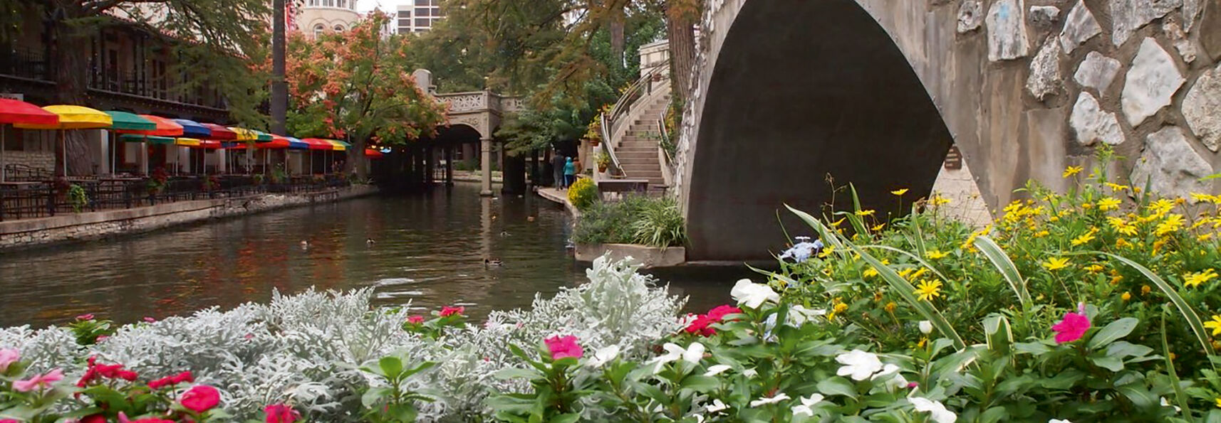 Colorful flowers in the foreground lead to a stone arched bridge over the San Antonio River Walk in Texas, lined with vibrant cafe umbrellas.