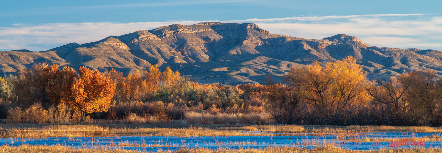 Golden autumn trees border a tranquil blue body of water in front of a rugged mountain range in southern New Mexico.