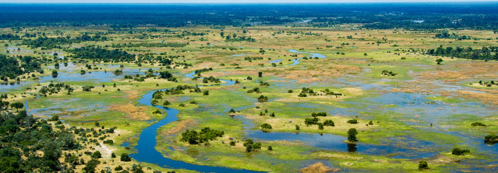 Aerial view of a winding blue river flowing through the lush green wetlands of the Okavanga Delta in Botswana.