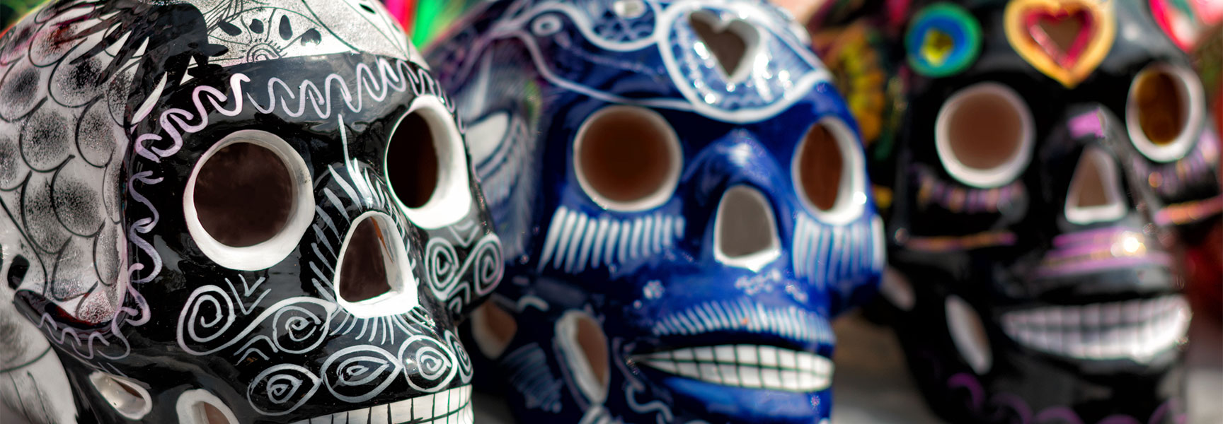 Decorated ceramic skulls for a Dia de Muertos celebration in Oaxaca, Mexico.