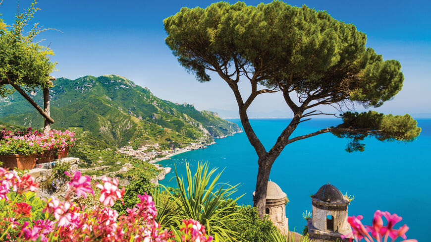 A vibrant landscape of the Amalfi Coast in Italy featuring a stone pine tree and pink flowers overlooking the blue Mediterranean Sea and mountains.