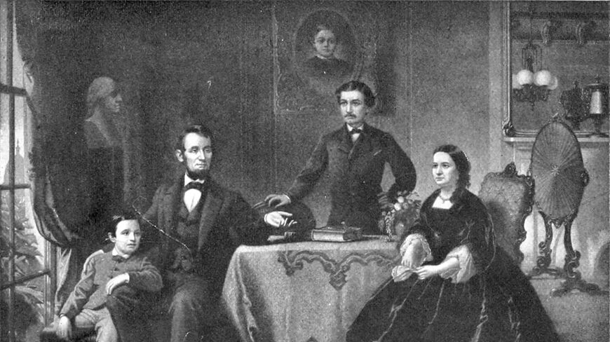 A historical engraving of Abraham Lincoln seated with his family in a formal room, reflecting the leadership and enduring legacy of the American president.