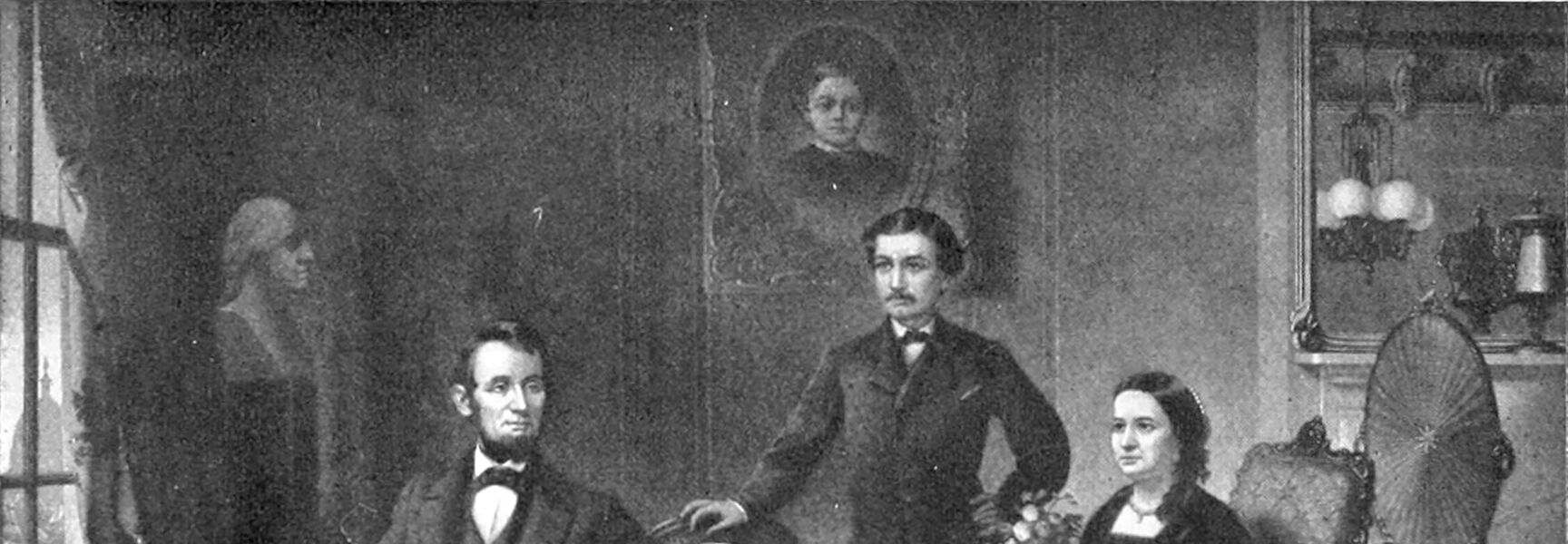 A historical engraving of Abraham Lincoln seated with his family in a formal room, reflecting the leadership and enduring legacy of the American president.