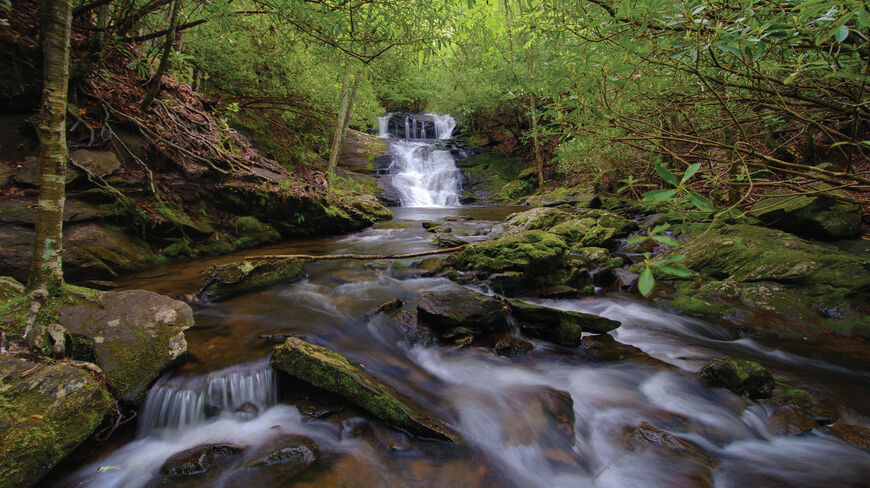 A scenic tiered waterfall cascades over mossy rocks through a lush forest in the Southern Blue Ridge Mountains of North Carolina.