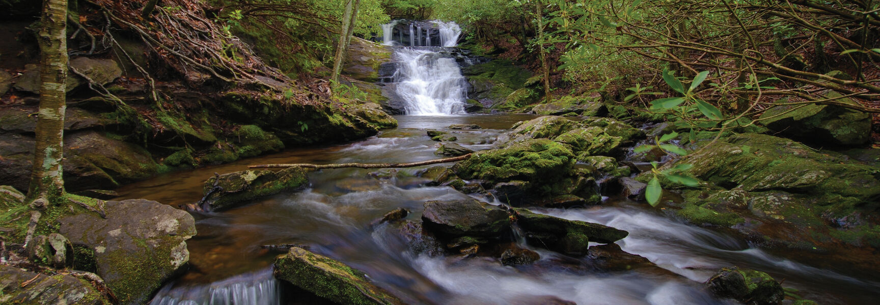 A scenic tiered waterfall cascades over mossy rocks through a lush forest in the Southern Blue Ridge Mountains of North Carolina.