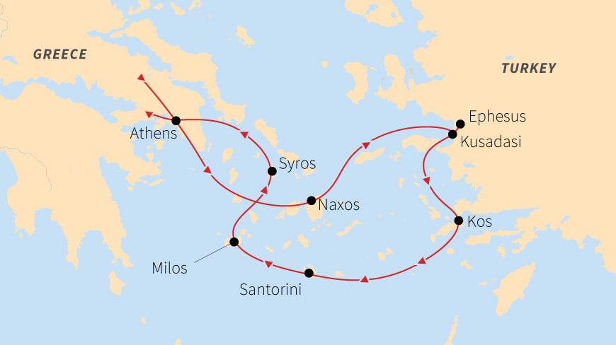 Map of a small ship voyage through Greece and Turkey, showing the route from Athens to Ephesus via the Greek Isles.