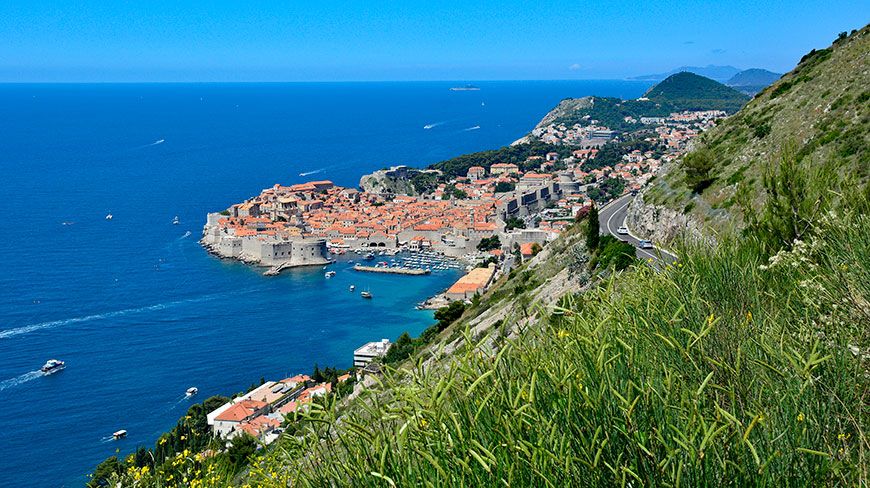 A scenic view of the historic walled city of Dubrovnik, Croatia, overlooking the bright blue Adriatic Sea from a grassy hill.