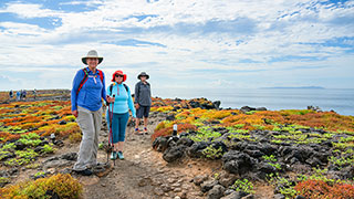 Three hikers stand on a coastal trail in the Galapagos Islands, surrounded by colorful succulent plants and volcanic rock.