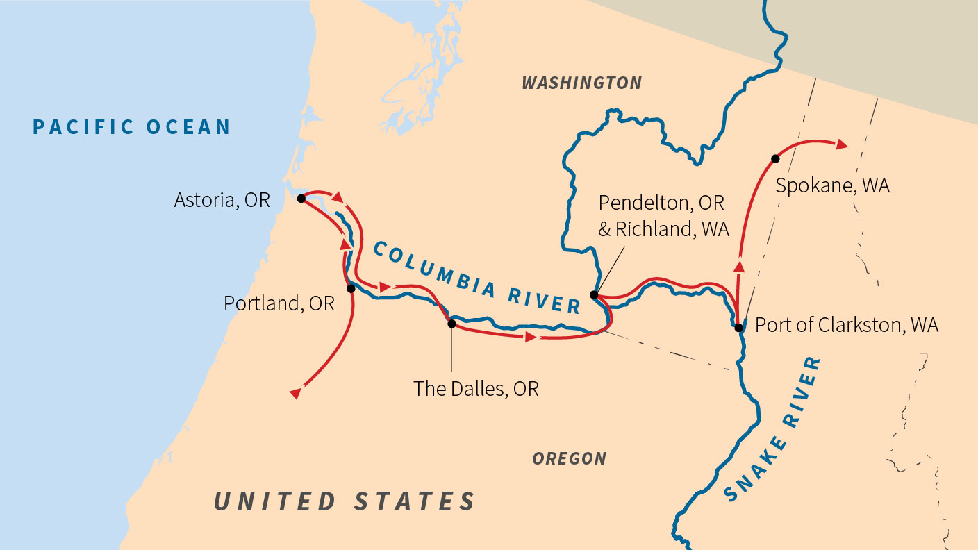 Map of the Pacific Northwest showing a travel route through Oregon and Washington along the Columbia and Snake Rivers between Astoria and Spokane.