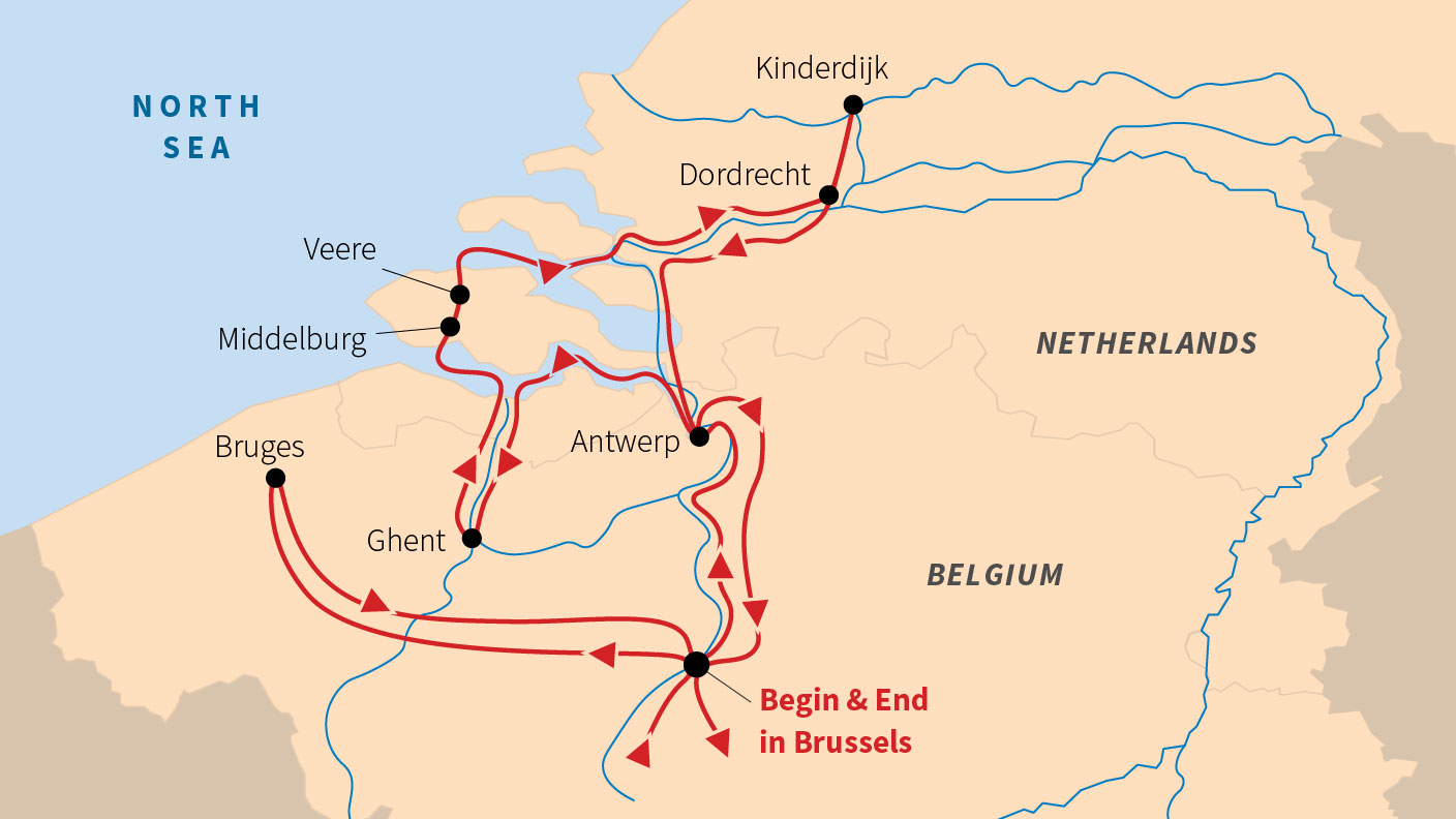 Map showing a travel route through Belgium and the Netherlands, starting and ending in Brussels with stops in Bruges, Ghent, and Antwerp.