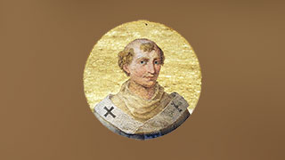 A circular mosaic portrait of Pope Benedict IX against a shimmering gold background.