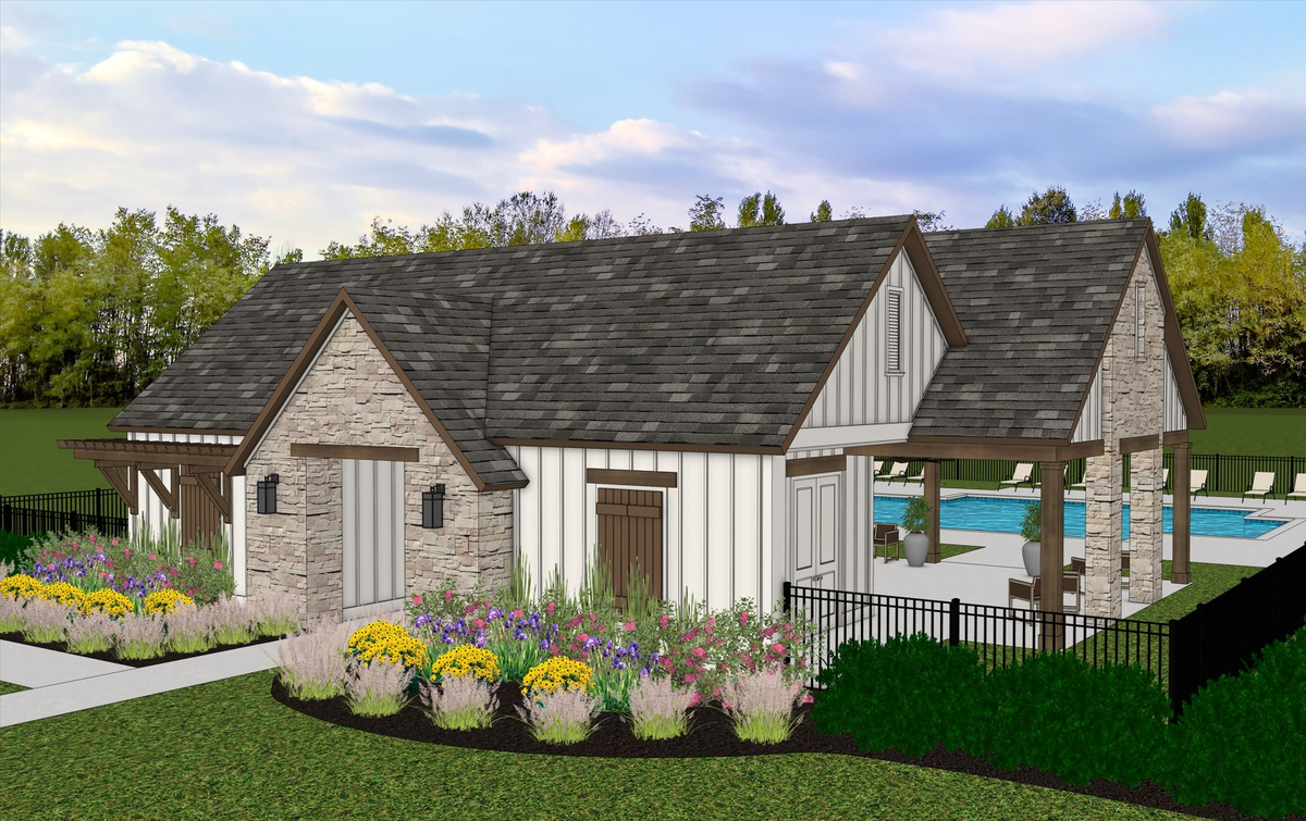 rendering of pool and clubhouse with landscaping