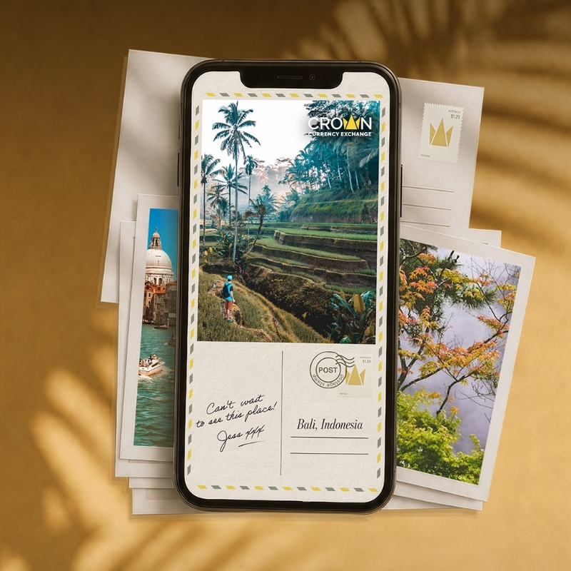 Smartphone displaying a Crown Currency Exchange postcard ad styled as a vintage airmail postcard, showing a Bali rice terrace scene with a hiker, a handwritten note reading "Can't wait to see this place! Jess xxx," and the caption "Bali, Indonesia." Travel photo prints of a European canal and autumn foliage are scattered behind it on a warm golden background.