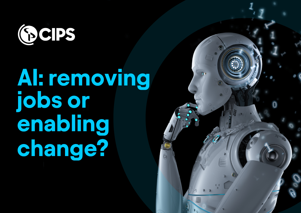 Document cover with text 'AI - removing jobs or enabling change' and picture of an android making a thinking pose