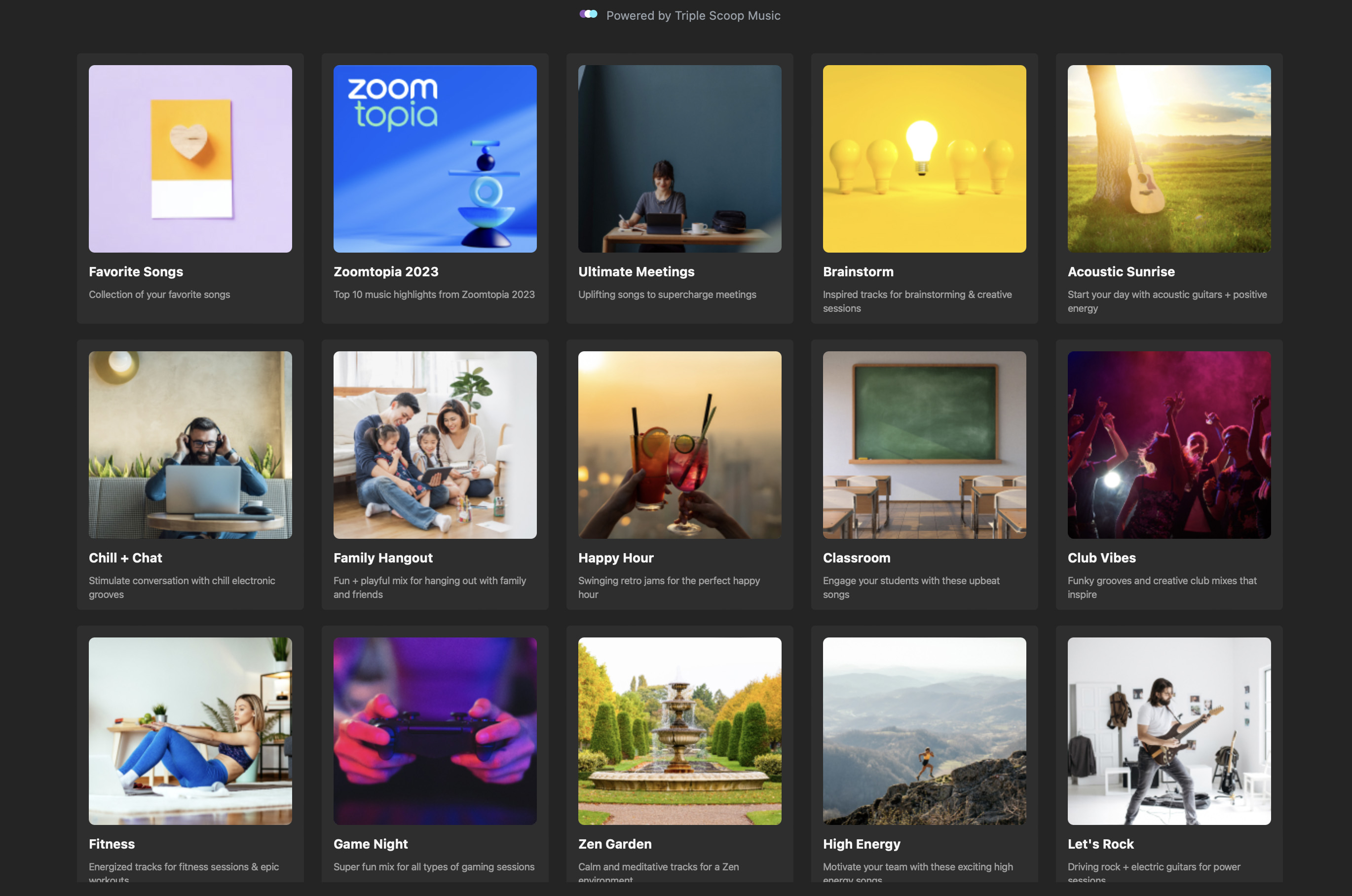 Find the right music for your Zoom Meeting directly from the Zoom Music App, powered by Triple Scoop Music.