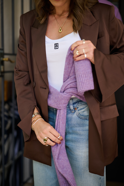 Autumn-inspired outfits in purple and brown tones styled with layered knits, blazers and denim.
