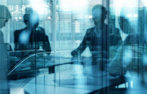 Abstract Blue Meeting Glass Group Blurred Reflection