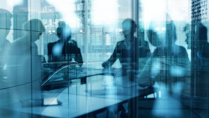Abstract Blue Meeting Glass Group Blurred Reflection