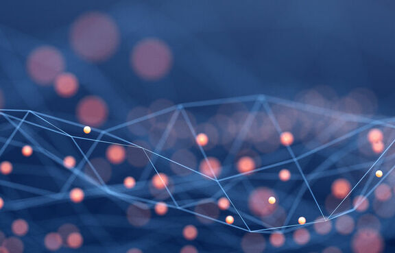 Abstract digital art of interconnected blue lines and red dots