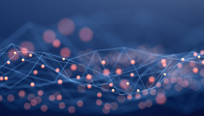 Abstract digital art of interconnected blue lines and red dots